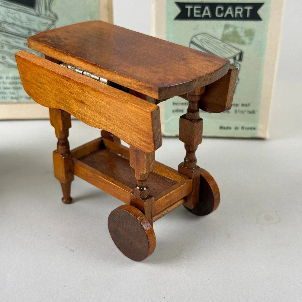 Vtg Doll house furniture Hardwood Miniature‎ Victorian Dresser and Tea Cart 1:12